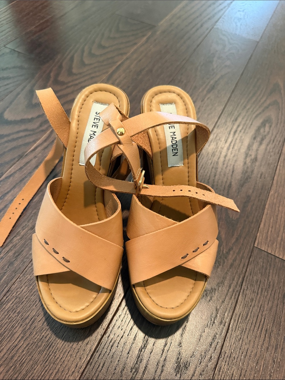 Steve Madden Tan Leather Cross-Strap Wedge Sandals with Ankle Tie